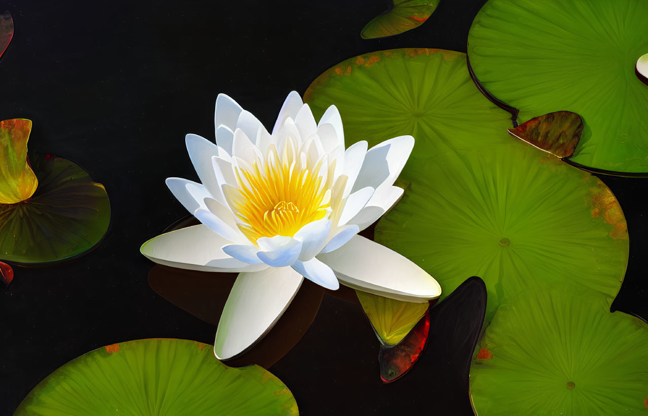 White Water Lily Blooming with Golden Center in Pond with Green Lily Pads and Fish