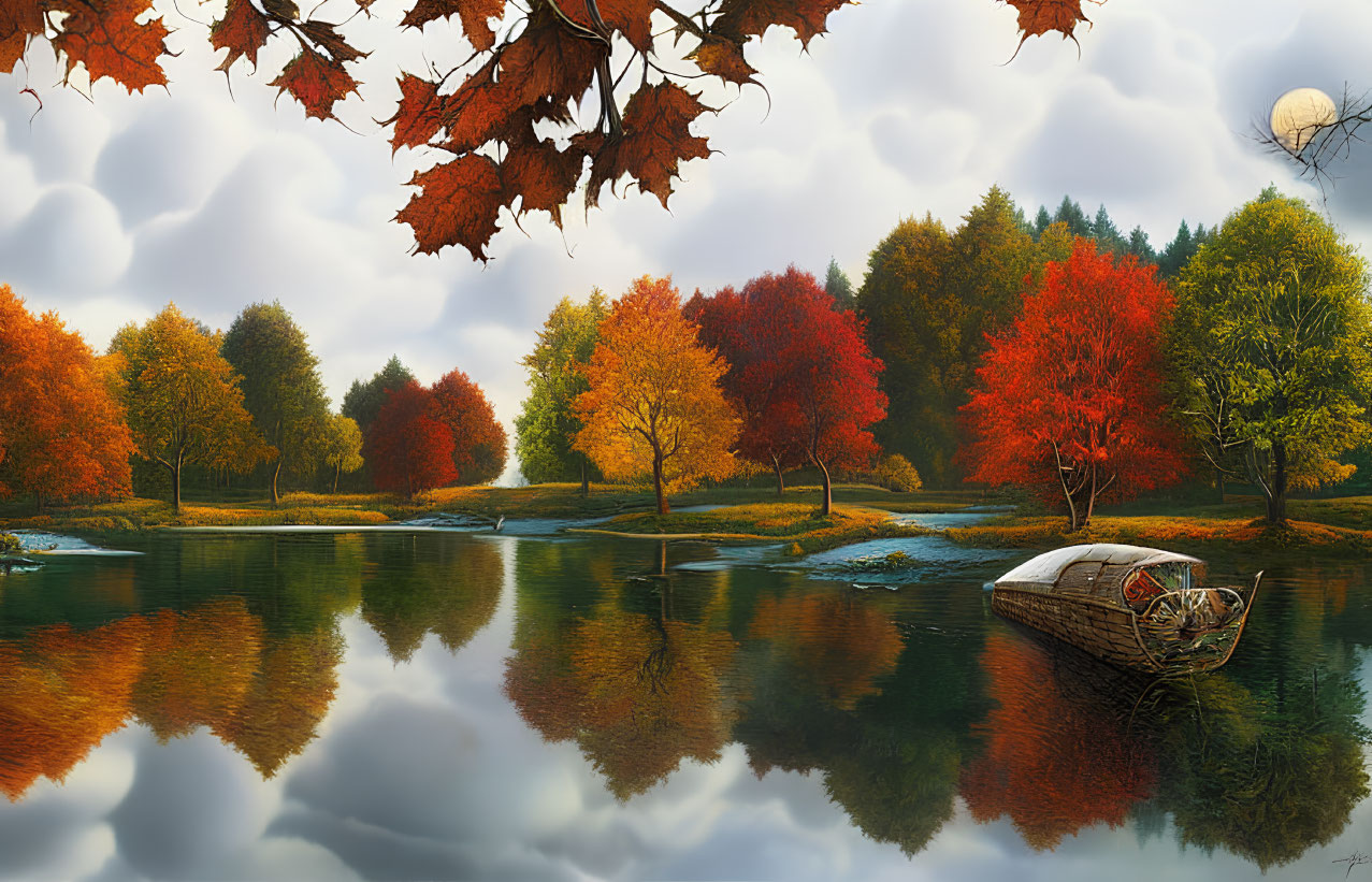 Tranquil autumn lake scene with vibrant fall foliage and old rowboat