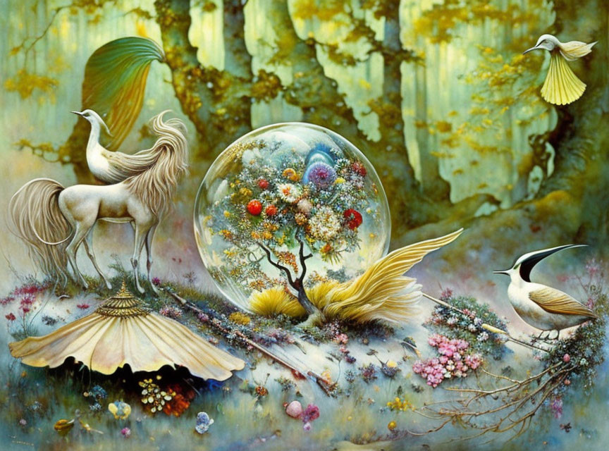 Fantastical painting of white winged horse, leaf-winged birds, and miniature tree in transparent