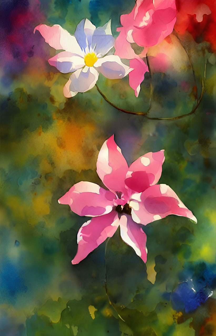 Delicate pink flowers in vibrant watercolor painting