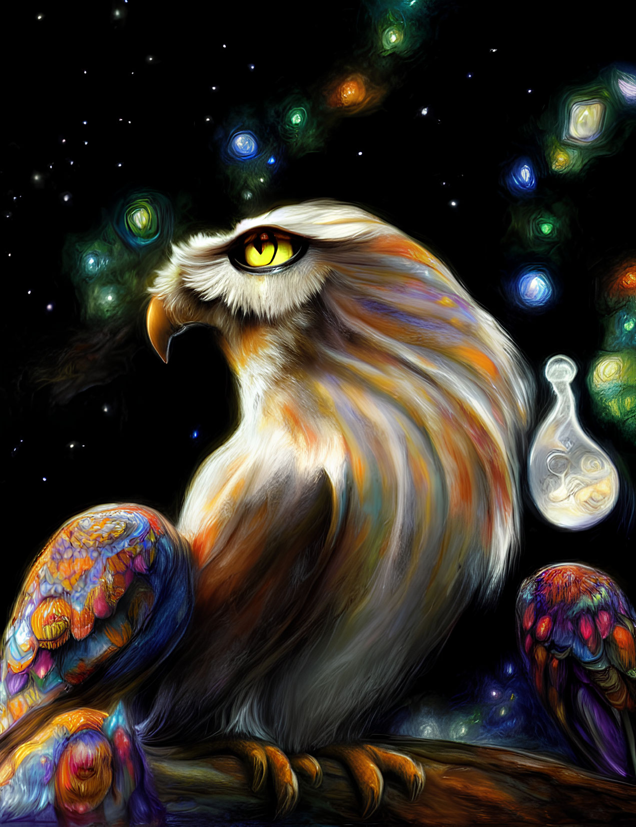 Vibrant feathered owl perched in cosmic space