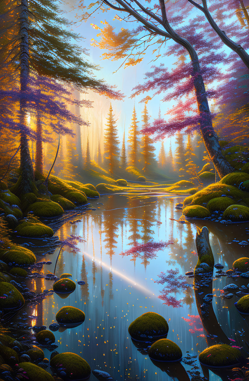 Serene forest scene with sunlight, mist, pond, moss-covered rocks, and colorful trees.