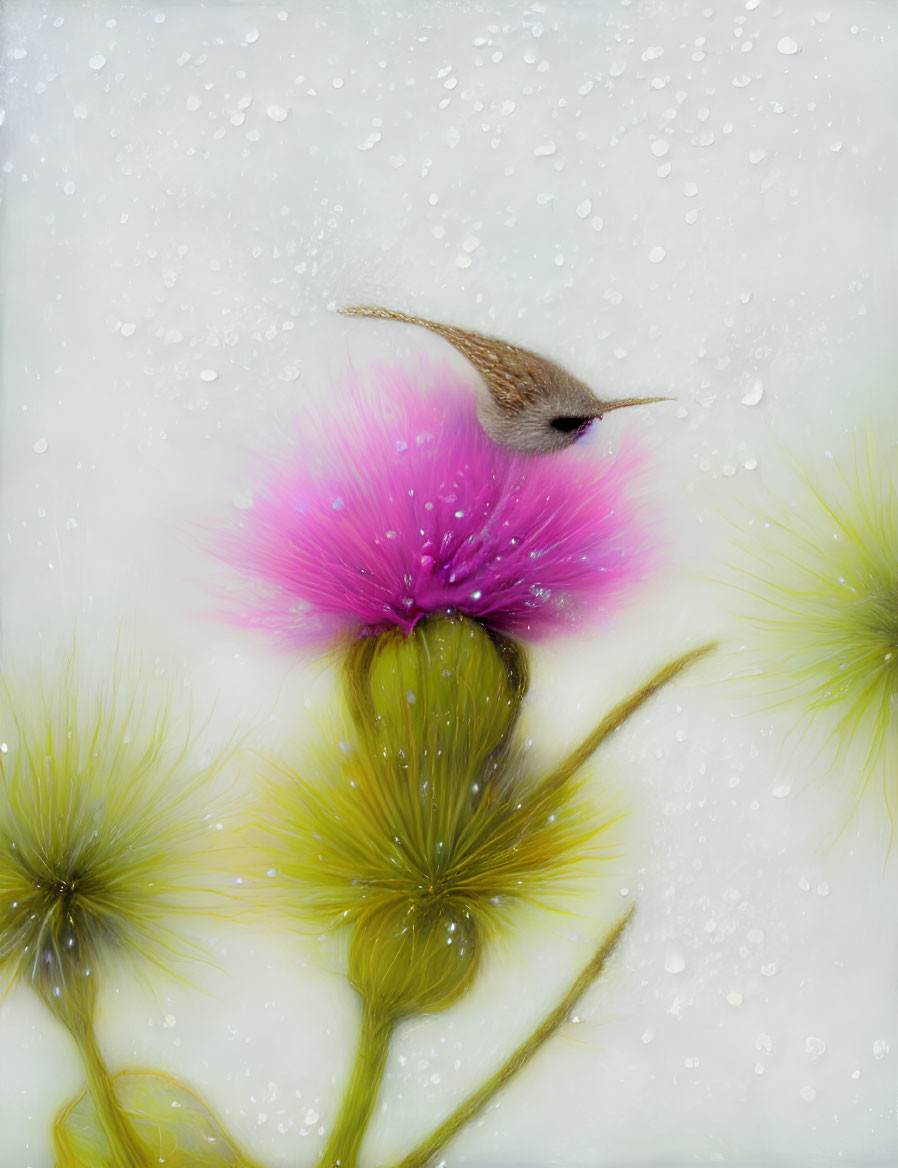 Snail moving on water droplets over pink and green underwater plants