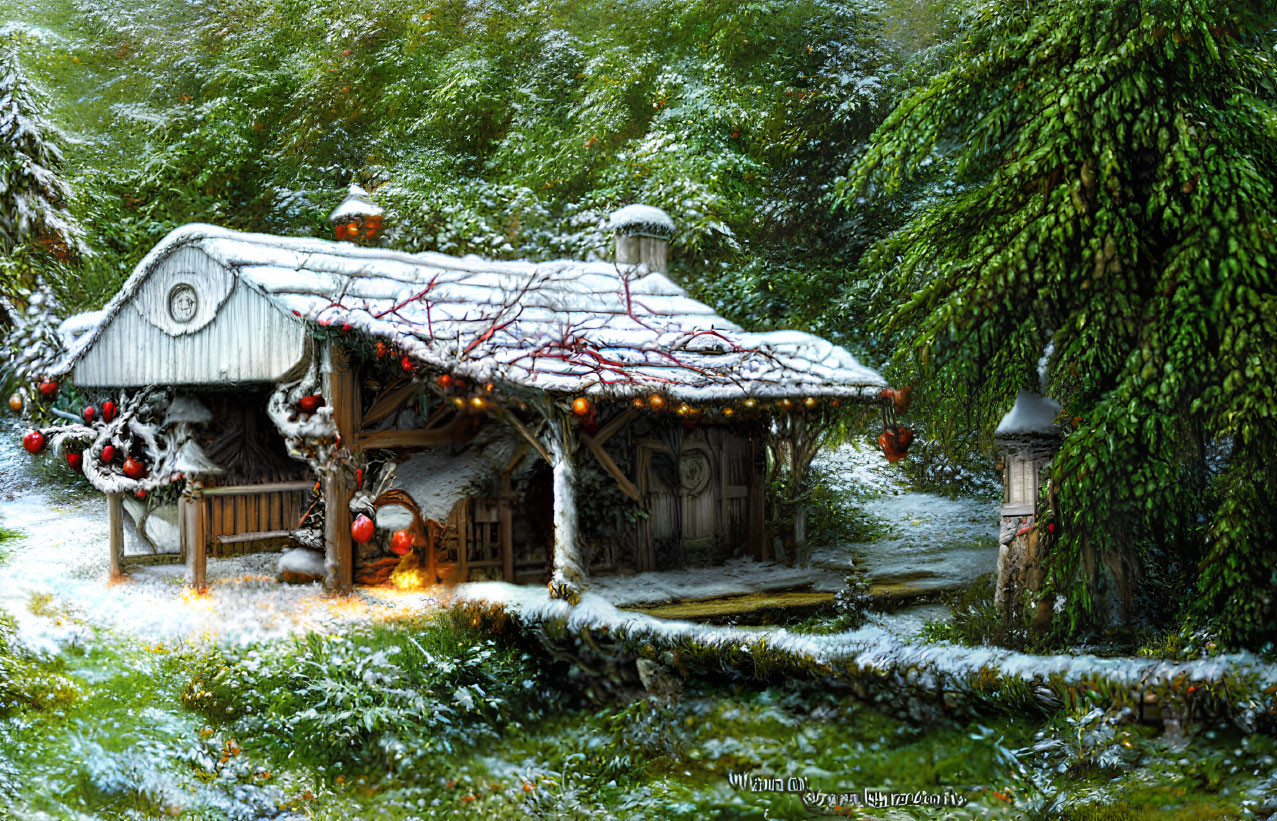 Snowy Winter Scene: Festive Wooden Cabin in Snowy Forest