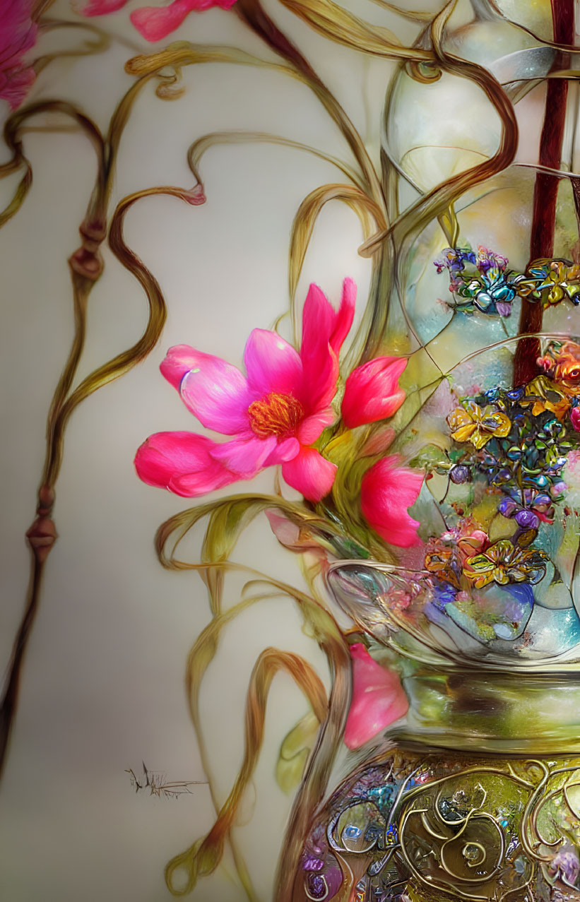 Pink Flower in Ornate Glass Vase with Swirling Stems