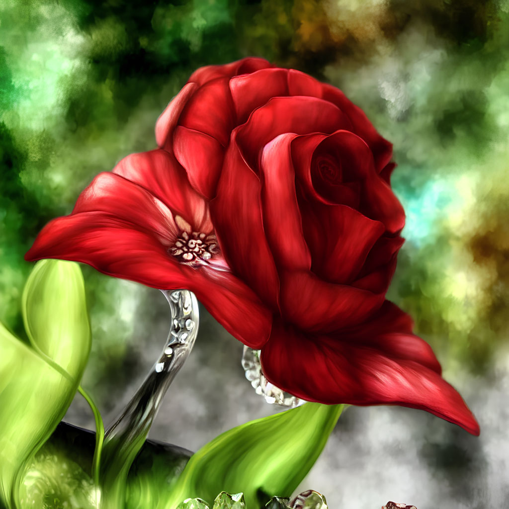 Detailed digital painting of red rose with water droplets on green background