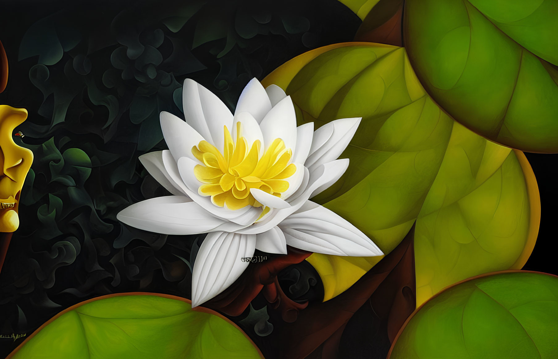 White and Yellow Lotus Flower with Green Leaves and Silhouette Face Illustration