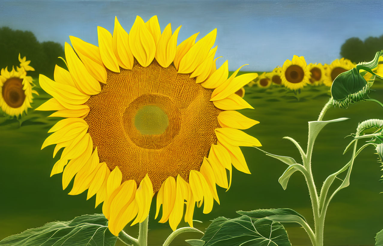 Field of Sunflowers Under Clear Blue Sky with Detailed Close-Up