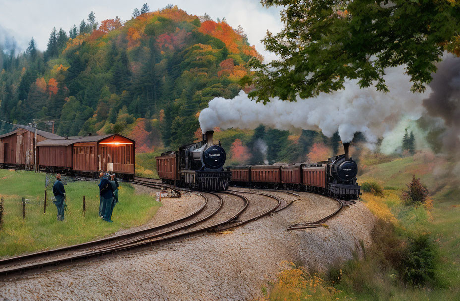 Historic steam locomotives on track with passengers, autumn foliage, rustic train sheds