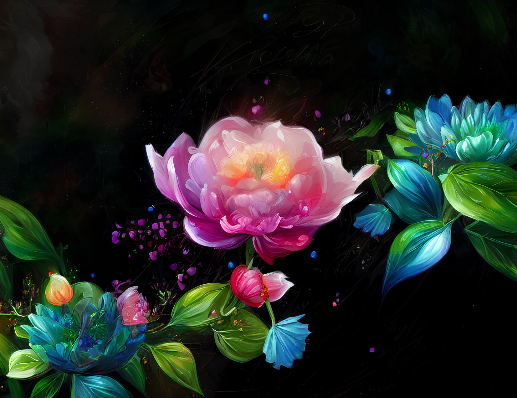 Colorful digital artwork featuring pink and white lotus blossom on dark background