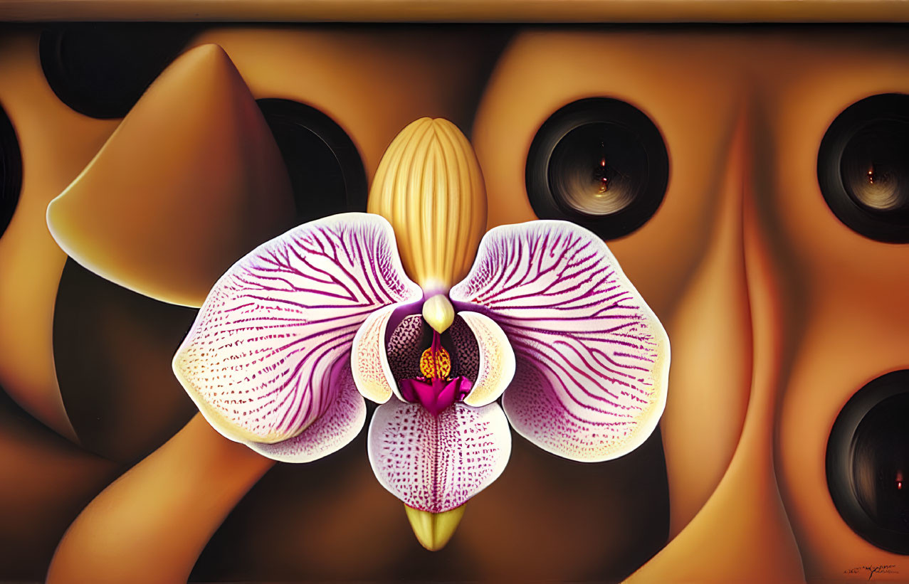 Surreal artwork: Central orchid with intricate pink patterns surrounded by abstract eye shapes