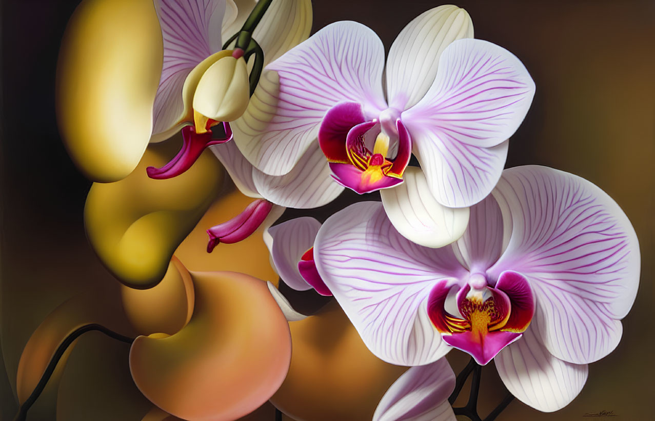 Purple and White Orchids on Brown Background: Floral Painting in Yellow Stems