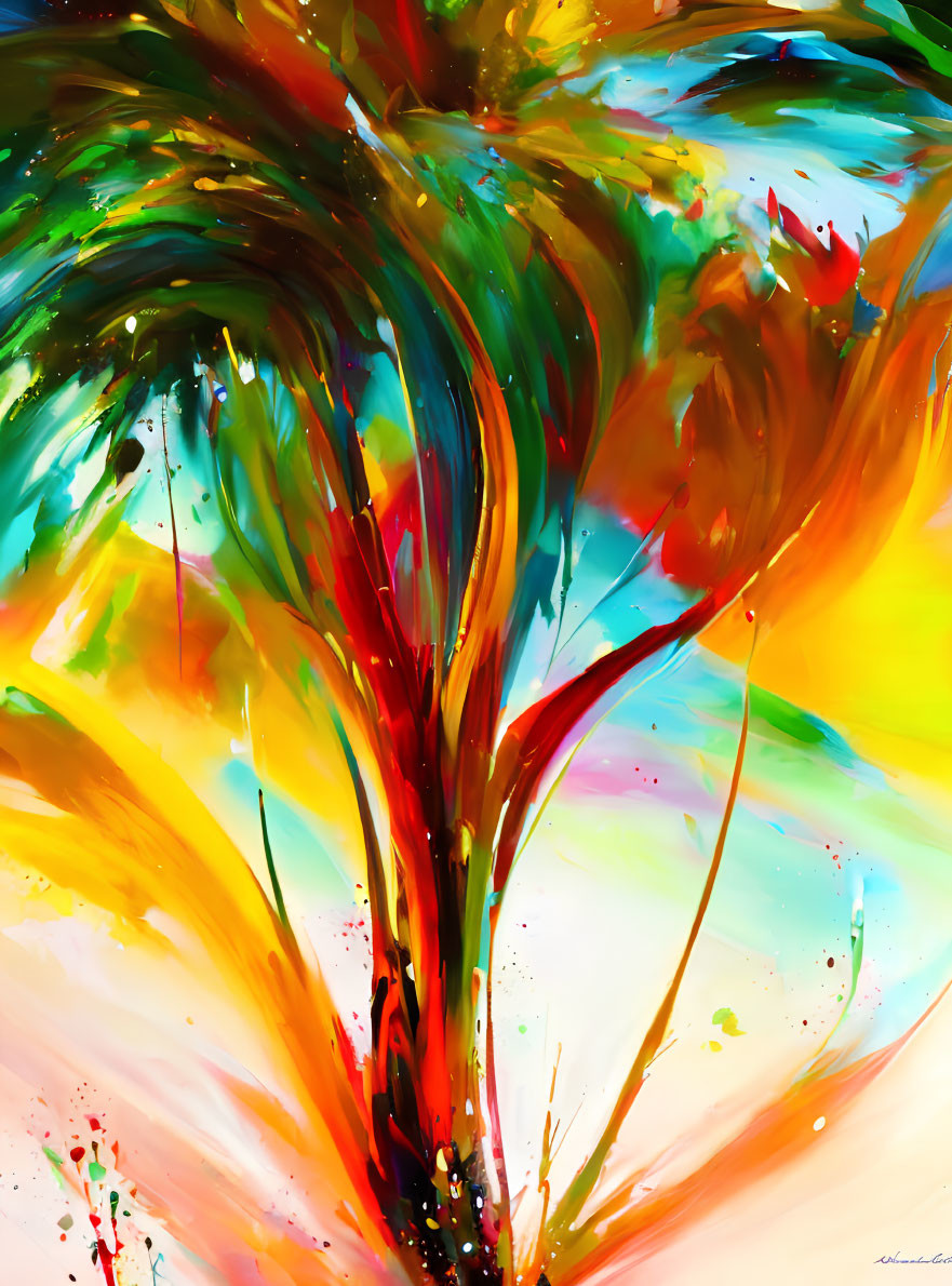 Colorful Abstract Painting with Dynamic Swirls and Splatters