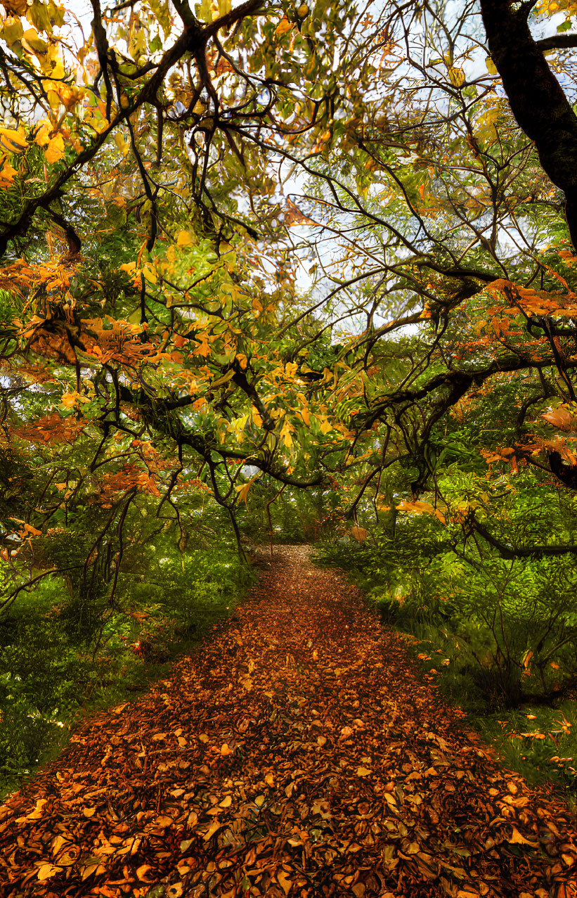 Scenic forest path with autumn leaves and colorful trees