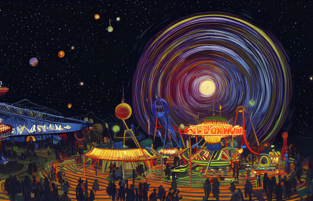 Colorful Psychedelic Amusement Park with Night Sky and Rides