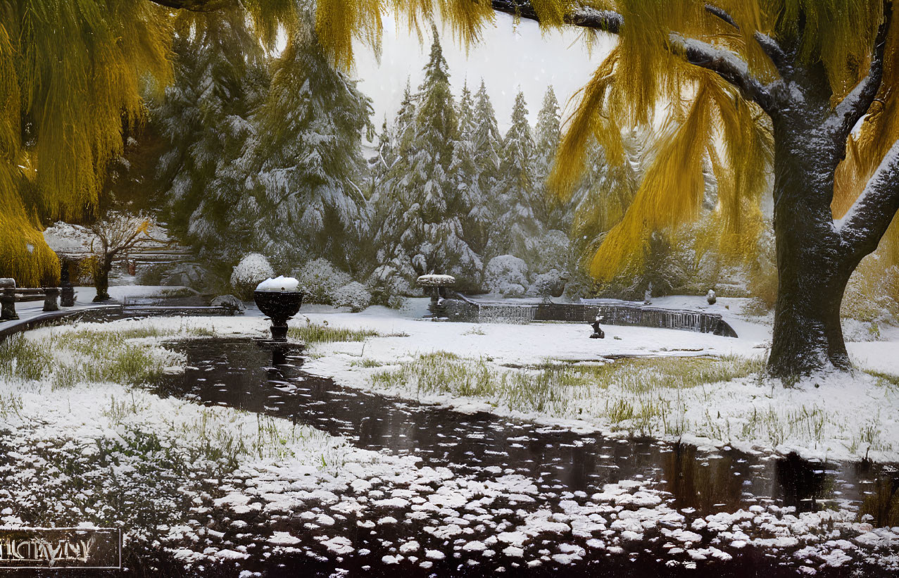 Snow-covered park with golden willow trees and pond reflection