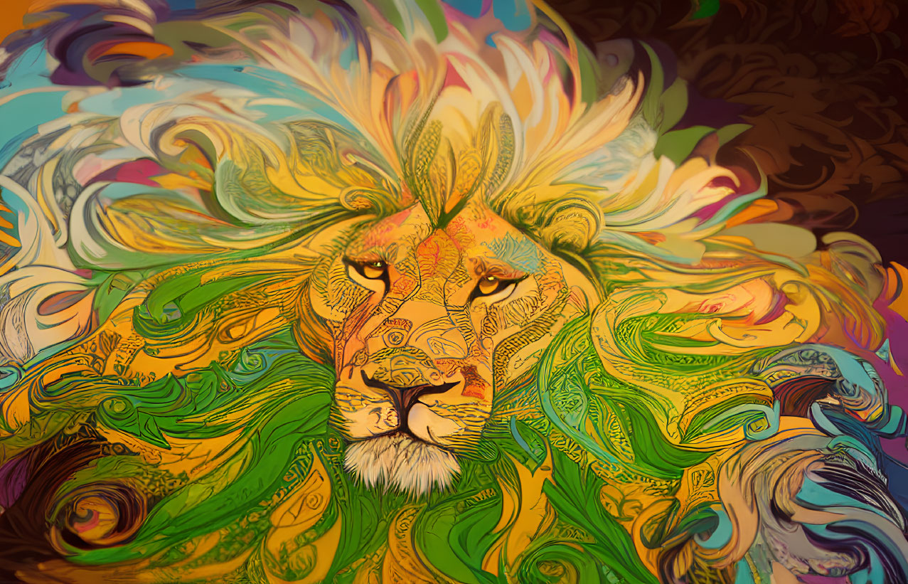 Colorful Lion Artwork with Swirling Patterns & Vivid Colors