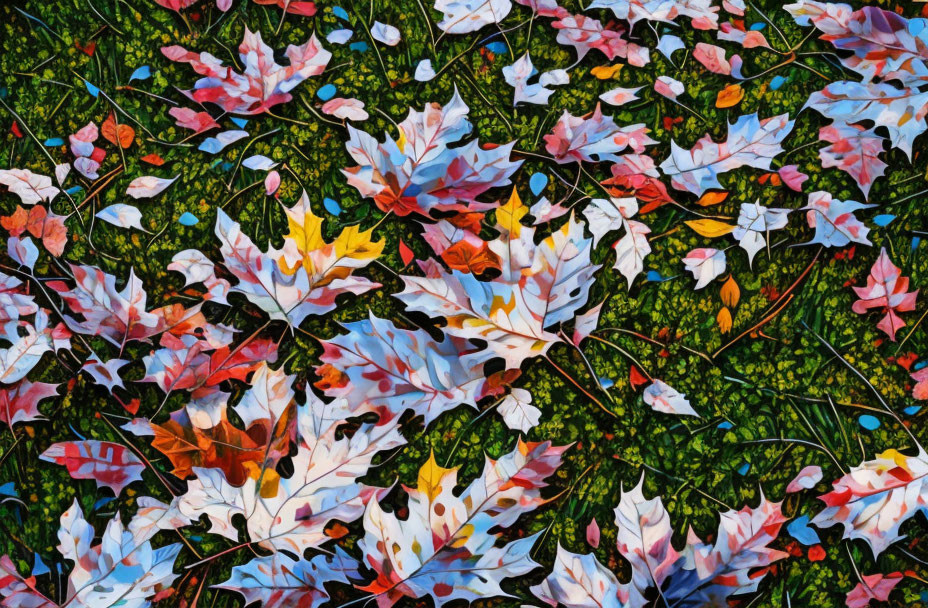 Vibrant autumn leaves on green grass landscape