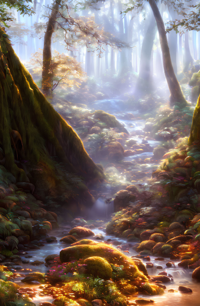 Sunlit mystical forest with gentle stream and vibrant greenery