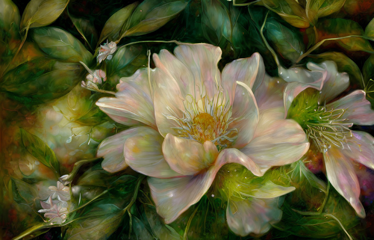 Delicate translucent pale flower surrounded by lush leaves in vibrant painting