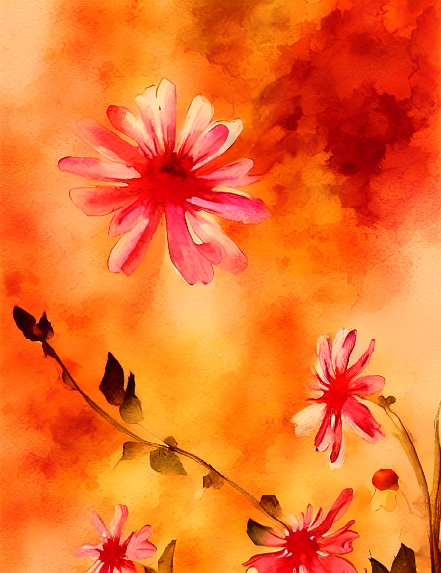 Vibrant red flowers in watercolor with fiery orange and yellow background