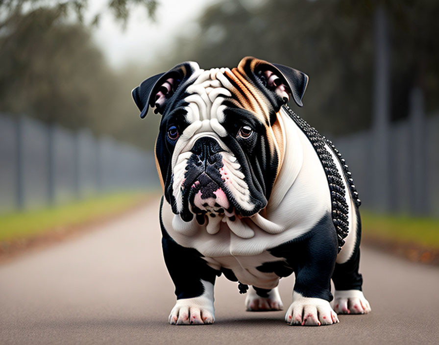 Black and white fur bulldog on pathway with trees