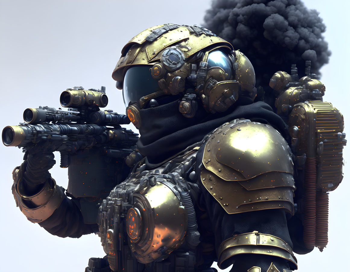 Futuristic soldier in heavy armor with helmet and rifle, surrounded by smoke.