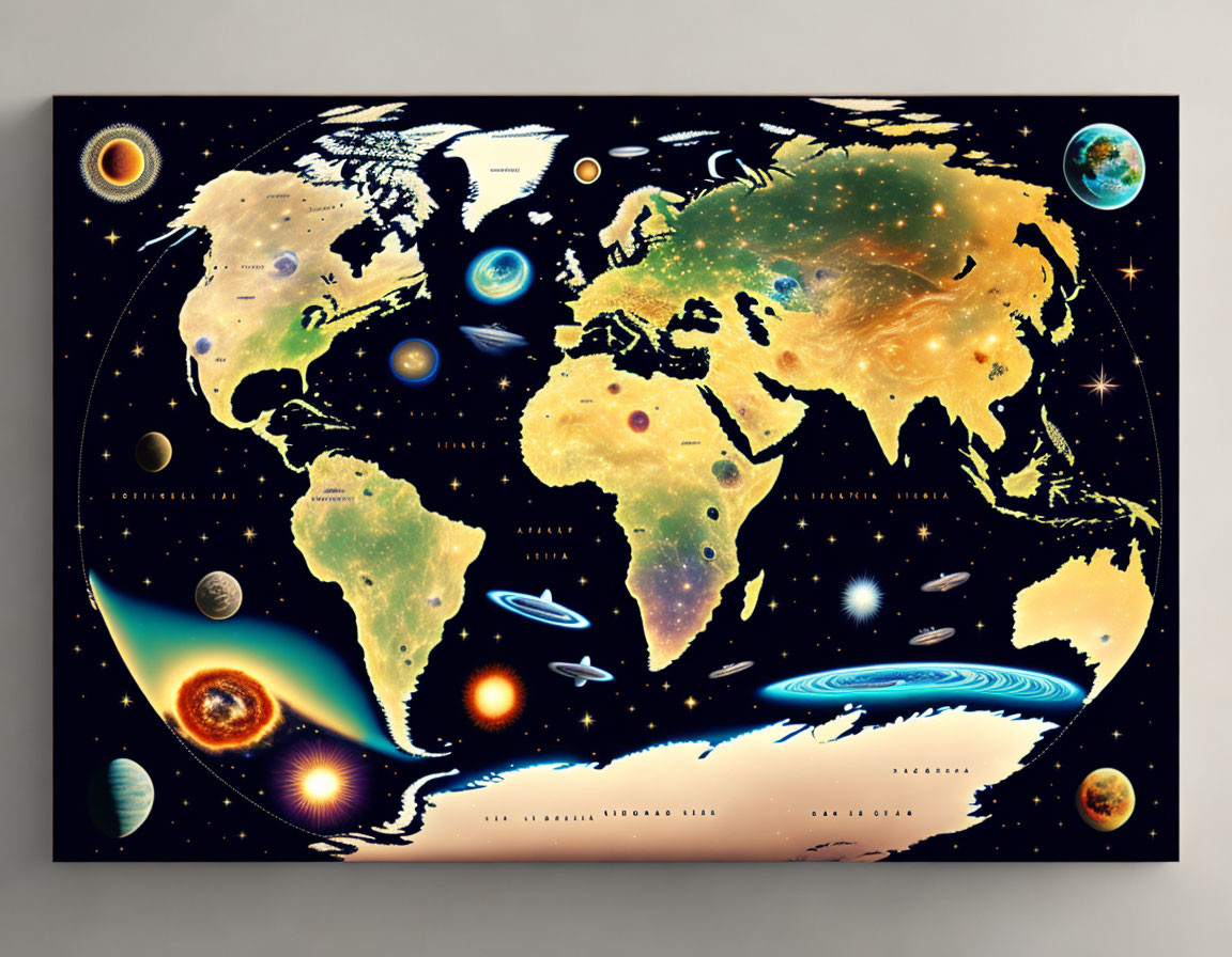 World map blended with cosmic background: Planets, stars, galaxies - visually striking space-themed Earth depiction