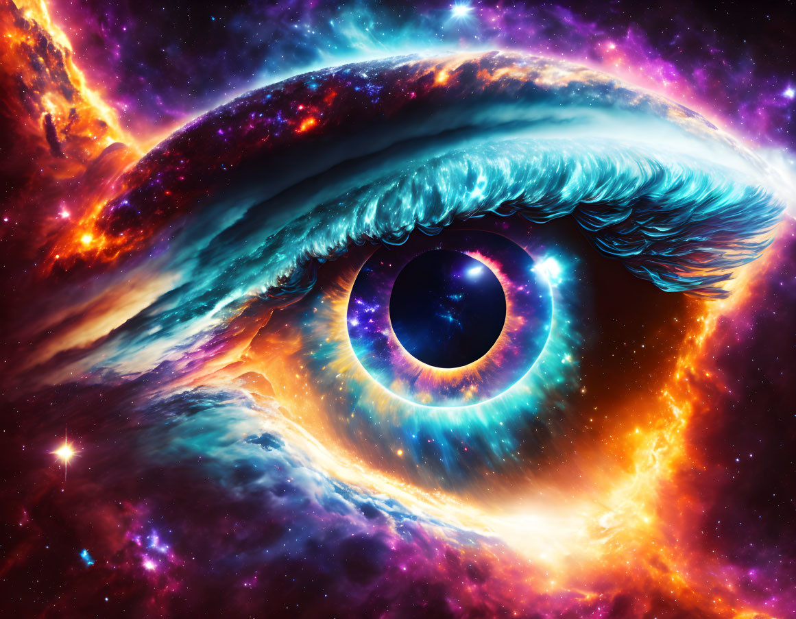 Colorful cosmic scene with human eye and nebula elements