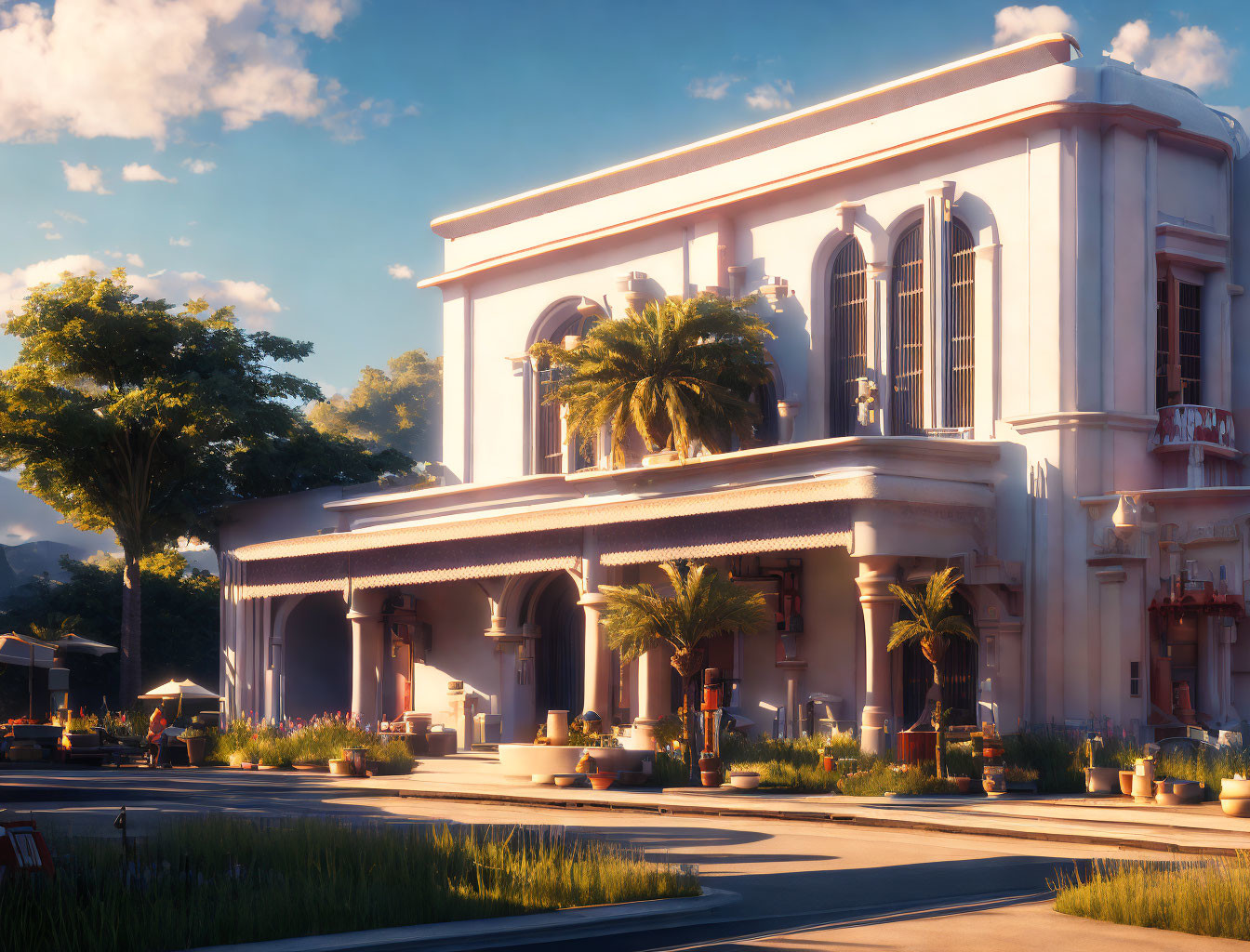 Classical architecture and palm trees in warm sunset lighting