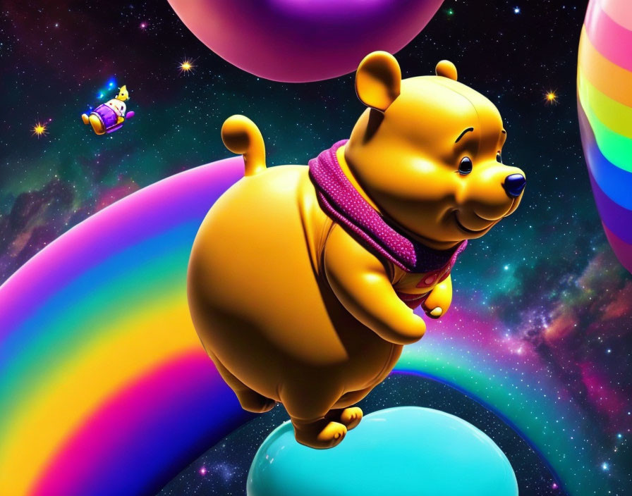 Colorful Winnie the Pooh cosmic scene with rainbow, planets, and spaceship