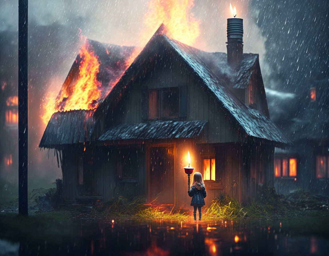 Child with umbrella in front of burning house at night in heavy rain