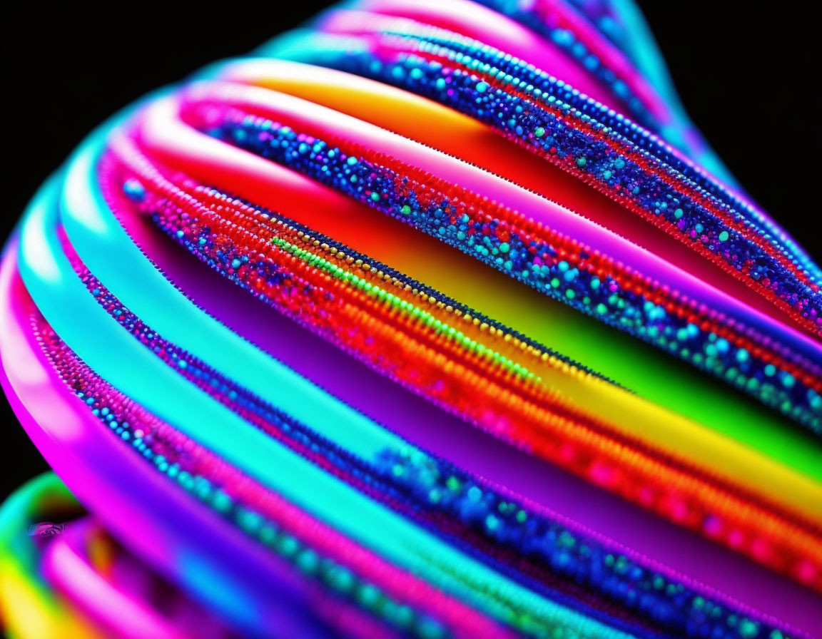 Neon-colored textured bead swirl on black background