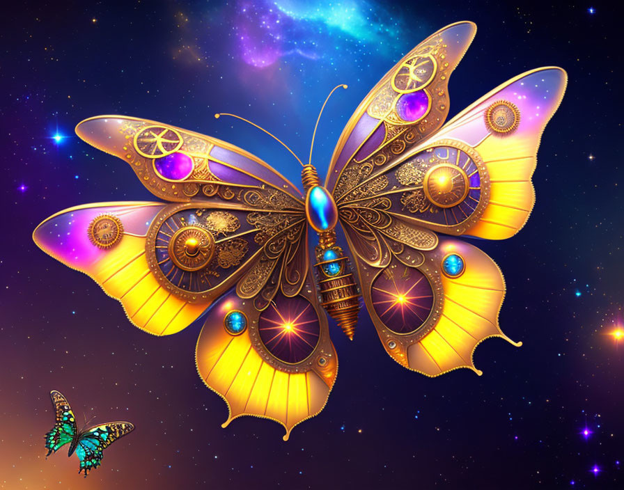 Steampunk-style butterfly digital artwork with glowing jewels and cosmic background