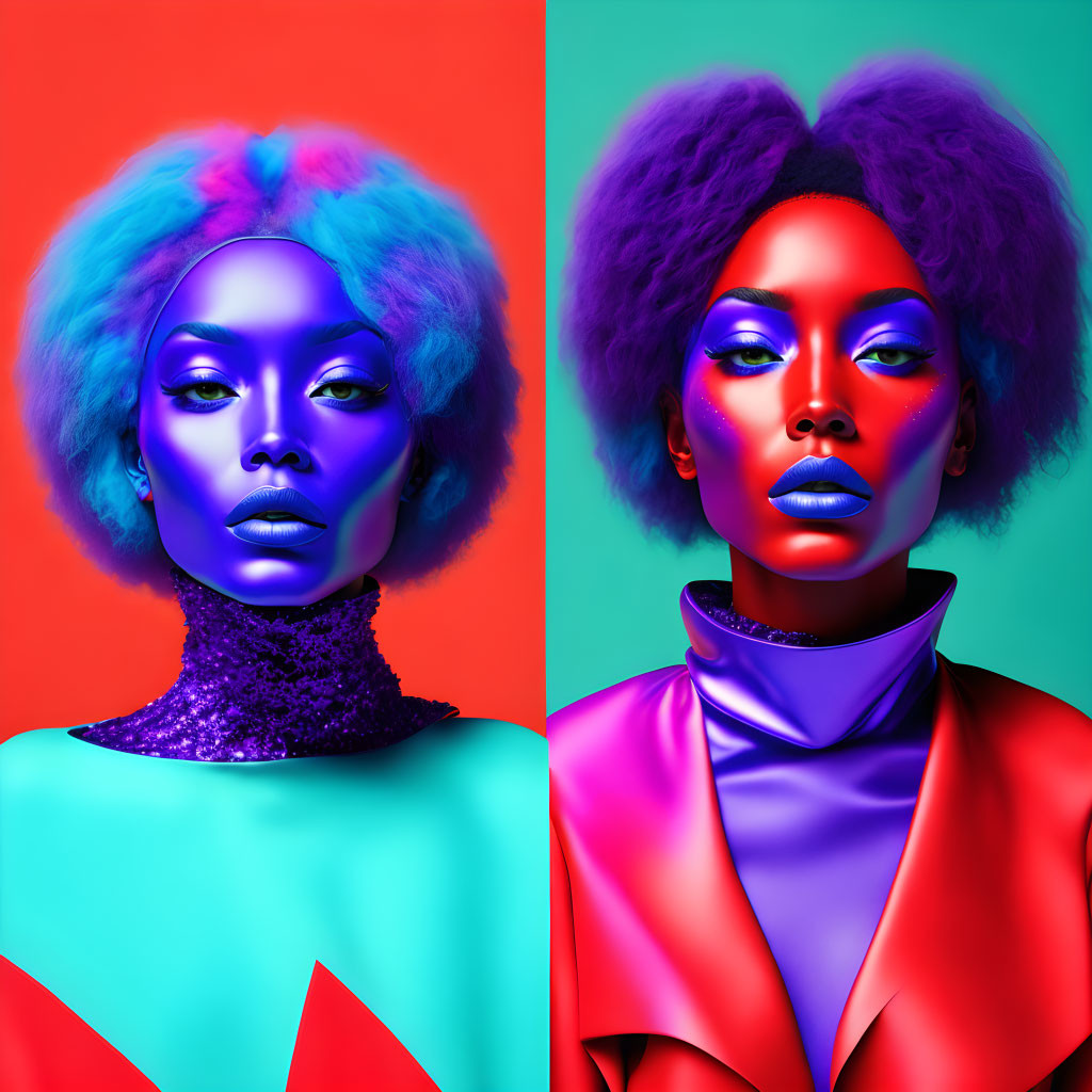 Split-composition image of woman with blue skin and purple hair on red and turquoise backgrounds