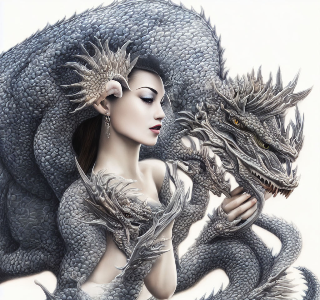 Detailed Image: Woman Gazing at Silver-Scaled Dragon