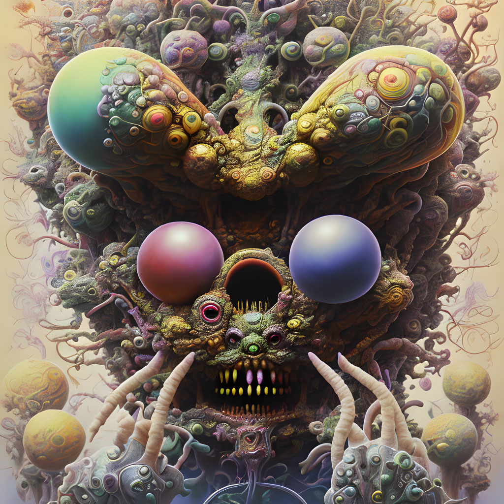 Colorful surreal alien entity with orbs and tentacles on detailed backdrop