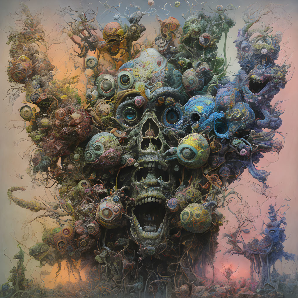 Colorful surreal artwork with central skull figure & fantastical creatures.