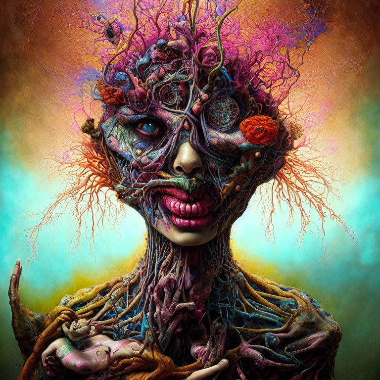 Colorful Surreal Artwork: Female Figure with Tree-Like Features
