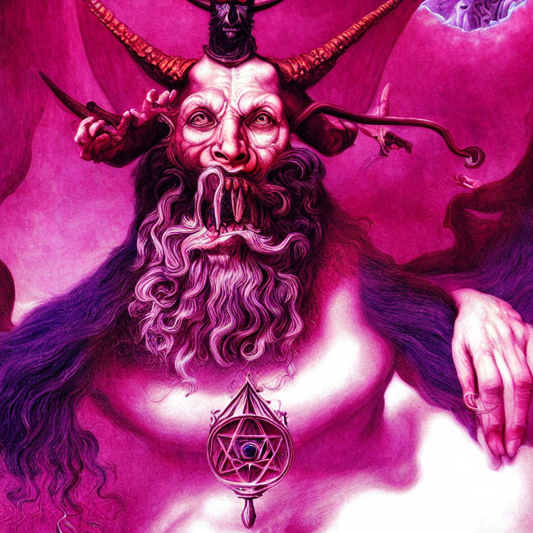 Detailed illustration of demonic figure with horns and pendulum on pink backdrop