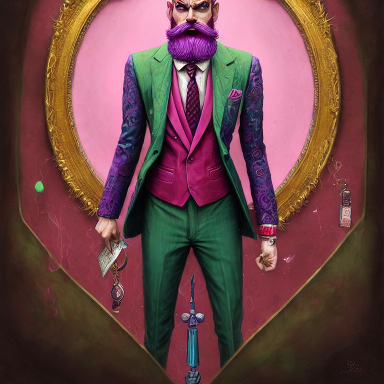 Fashionable man with pink beard in green suit and pink waistcoat holding keys on pink background