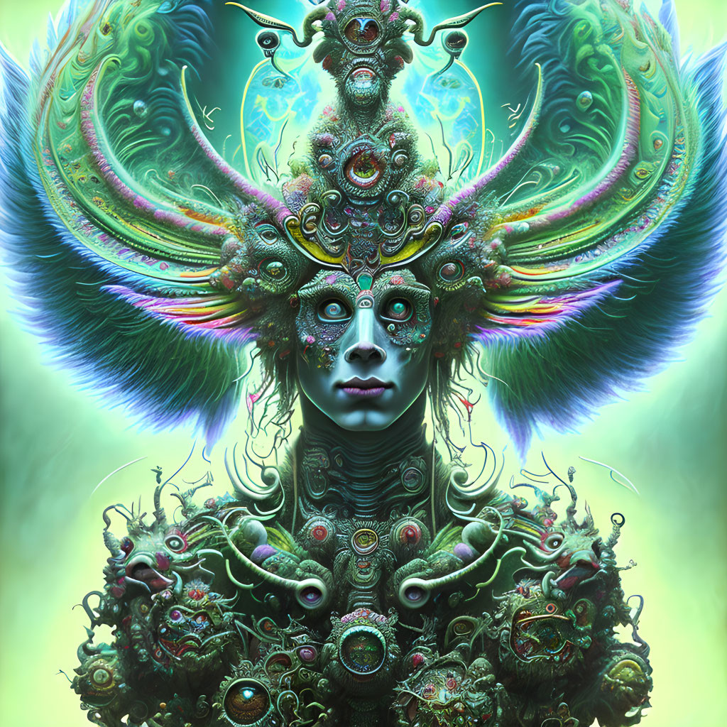 Symmetrical, ornate digital artwork with vibrant colors and fantasy elements