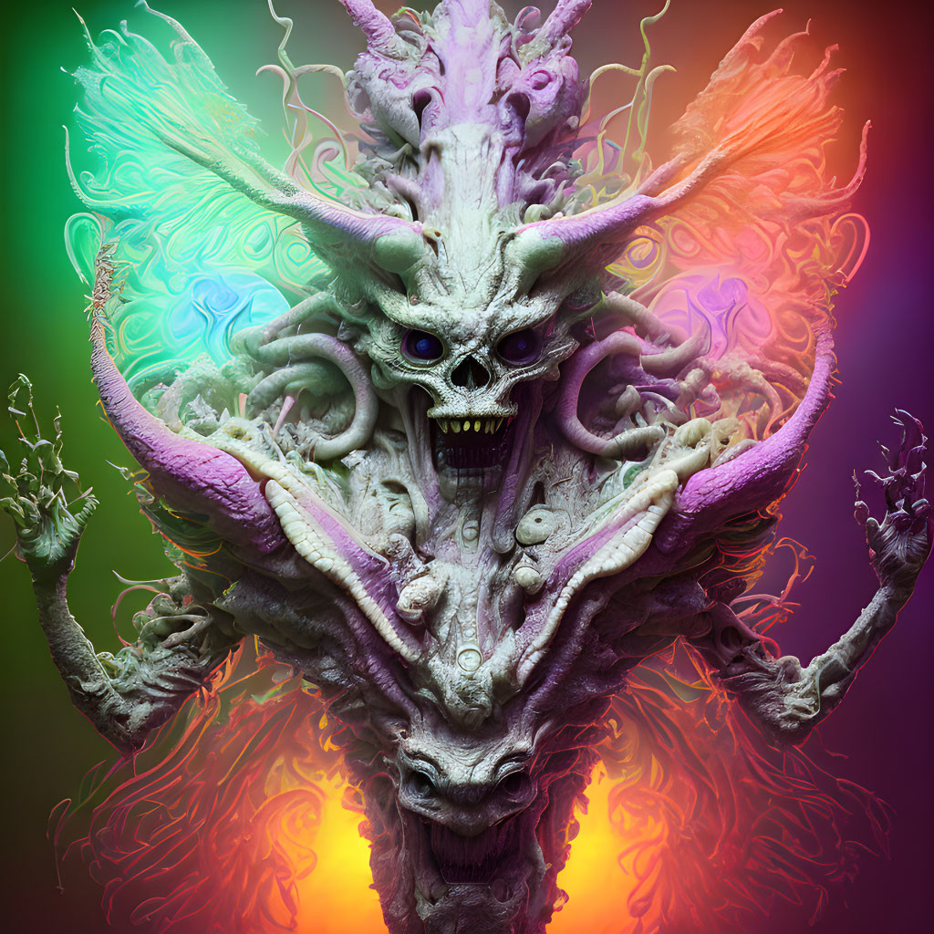 Sinister dragon-like creature with glowing eyes, teeth, and horns