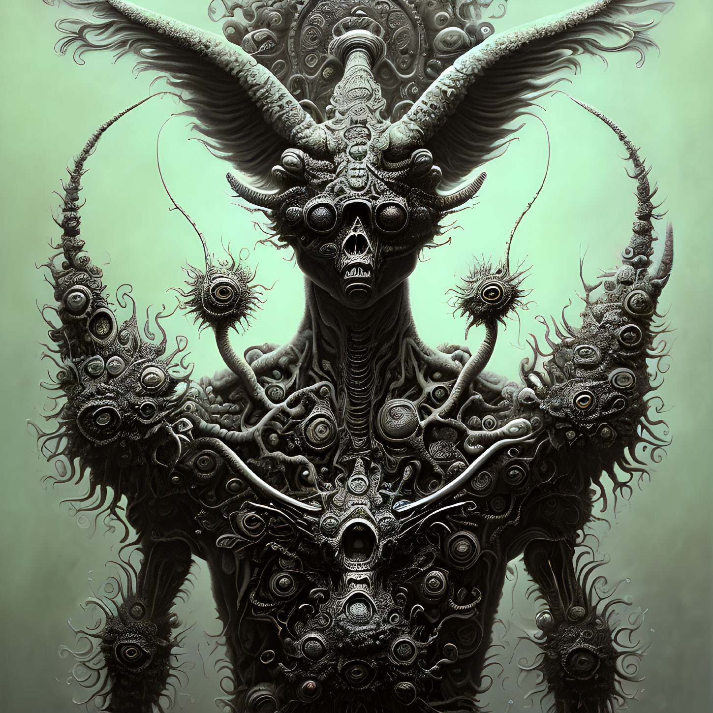 Intricate Dark Illustration of Mythical Creature with Horns & Multiple Eyes