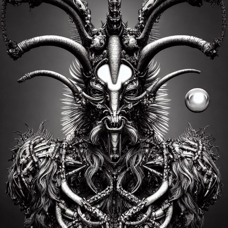 Detailed monochrome artwork of a creature with goat-like features, chains, feathers, horns, and a