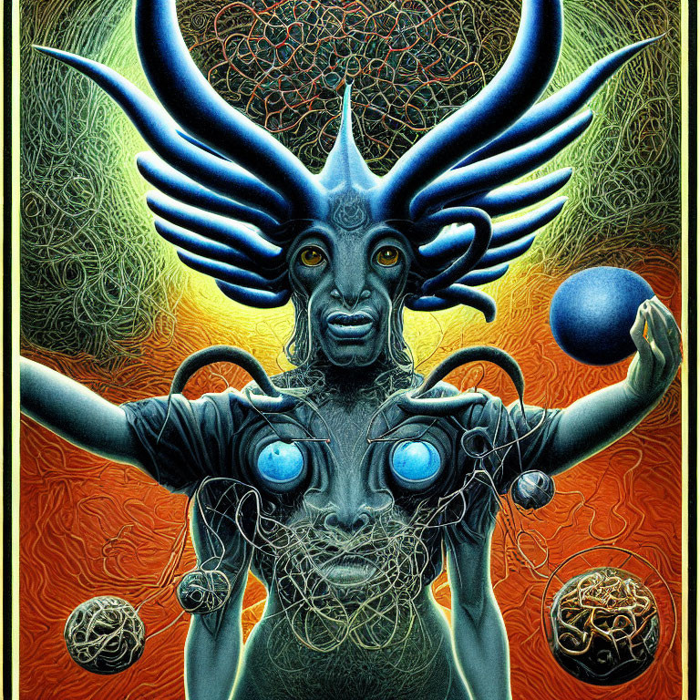 Colorful surreal humanoid figure with antlers, wings, and multiple eyes in intricate artwork.