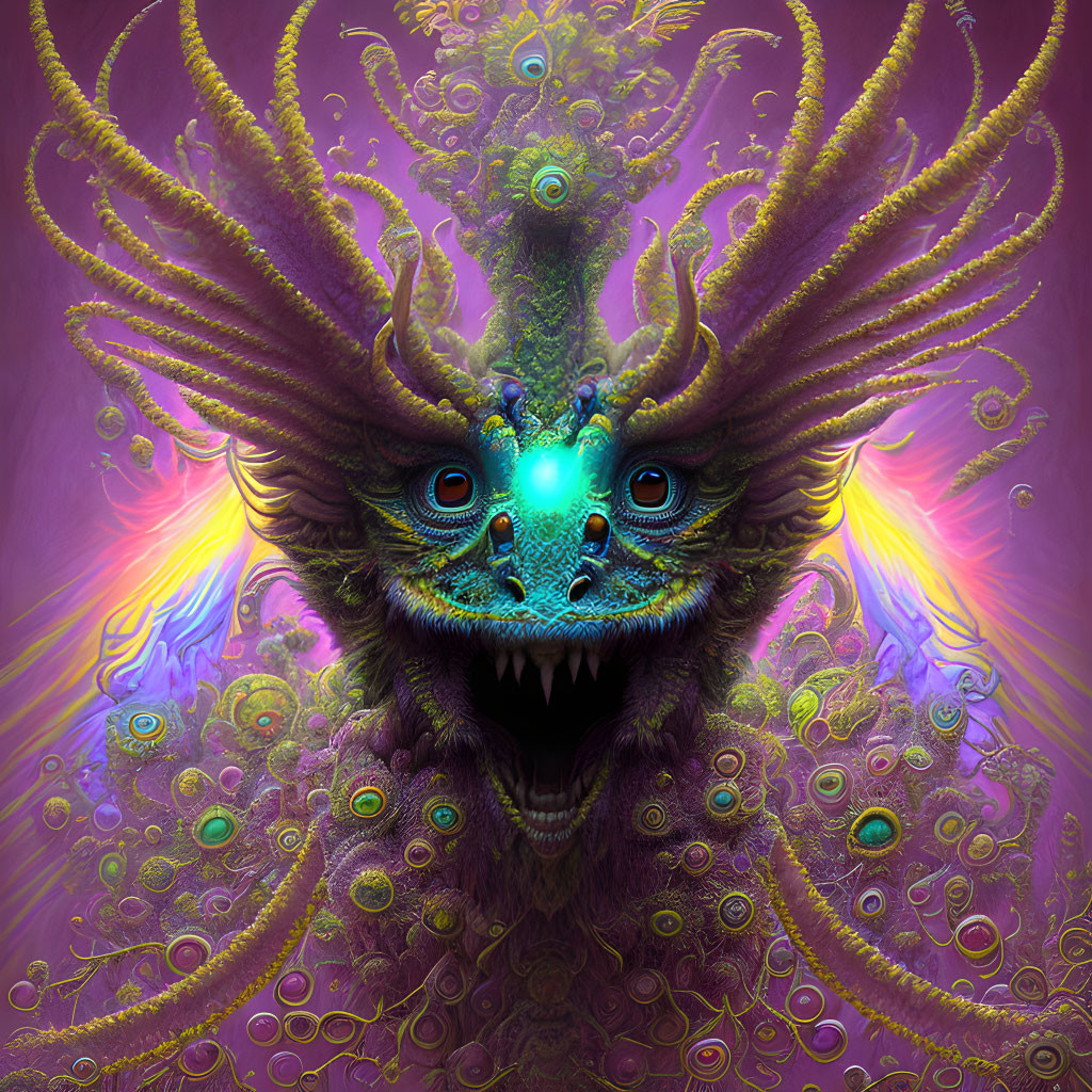 Fantastical creature with multiple eyes and ornate horns in vibrant purple setting