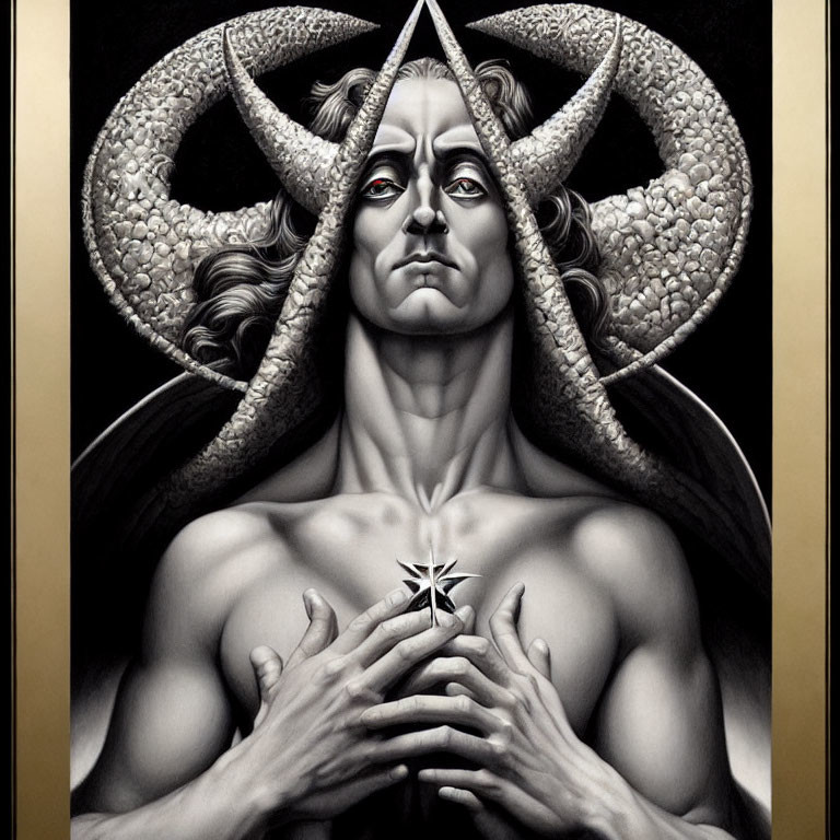 Monochrome artwork of character with horns, halo, star, snakes, and flowing hair