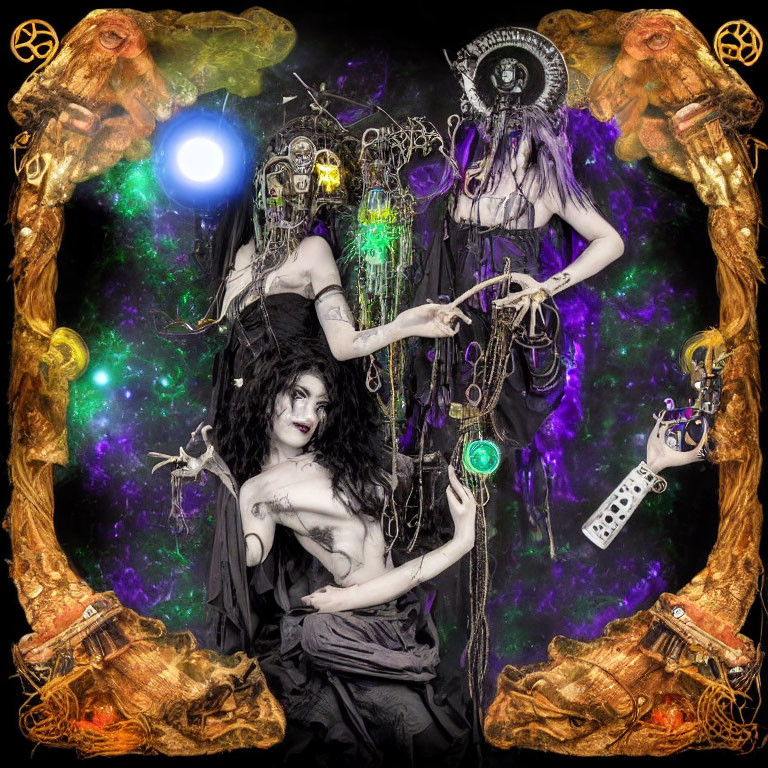 Gothic figures in elaborate costumes and makeup amidst mystical artifacts and vibrant purple hues.