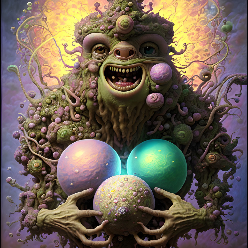 Fantastical creature with multiple eyes and tree-like form holding colorful orbs